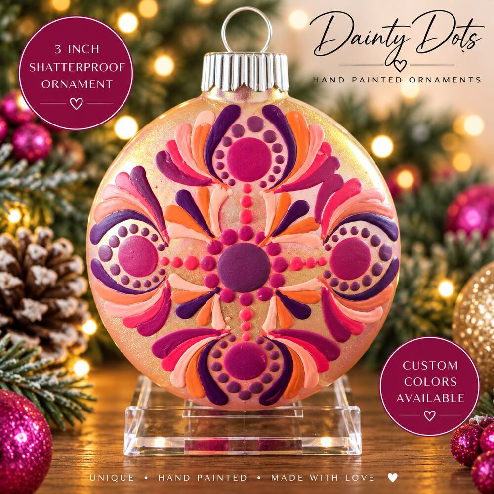 Hand Painted 3" Shatterproof Ornament Pink Purple Orange Floral Mandala